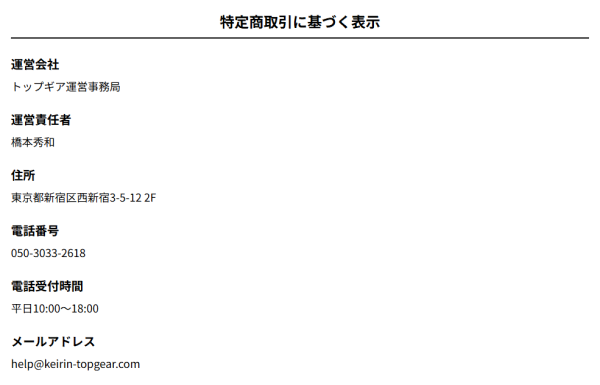 競輪トップギアの特定商取引法に基づく表記