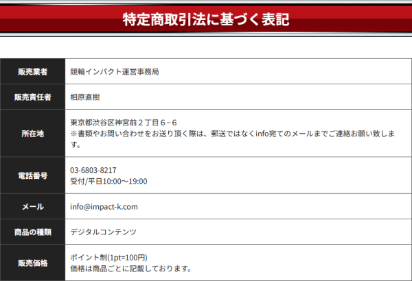 競輪インパクトの特定商取引法に基づく表記