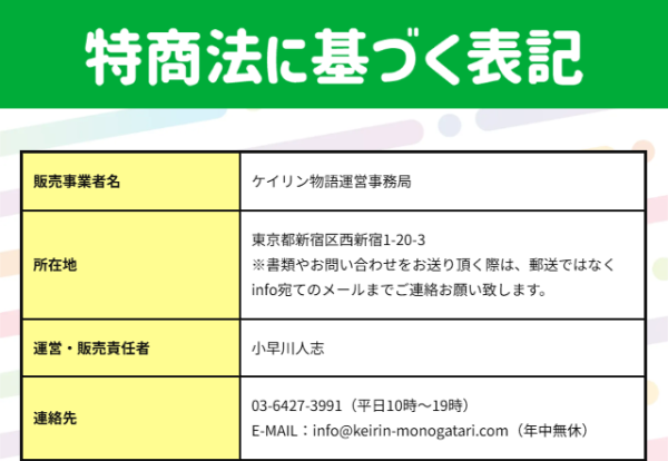 ケイリン物語の特定商取引法に基づく表記